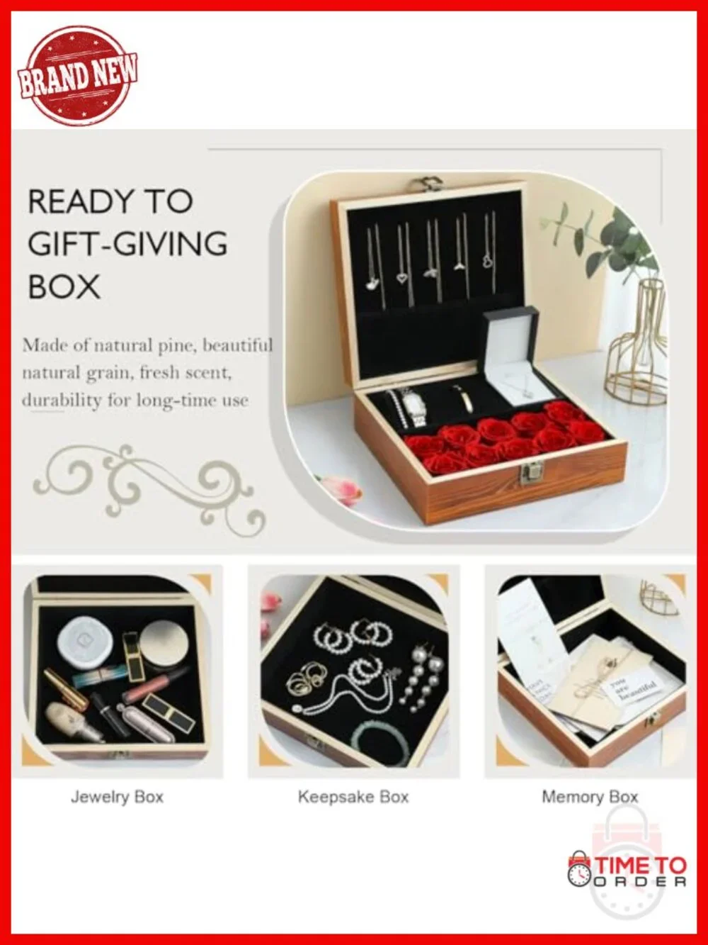 Luxury Jewelry Set with Watch, Necklace, Bracelet, Preserved Roses, Solid Wood